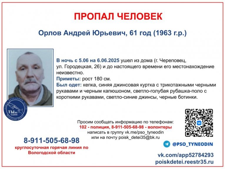 Фото: В Череповце разыскивают пропавшего пожилого мужчину