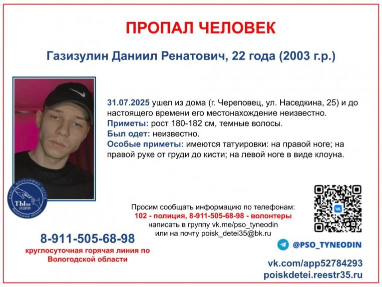 Фото: В Череповце пропал молодой человек